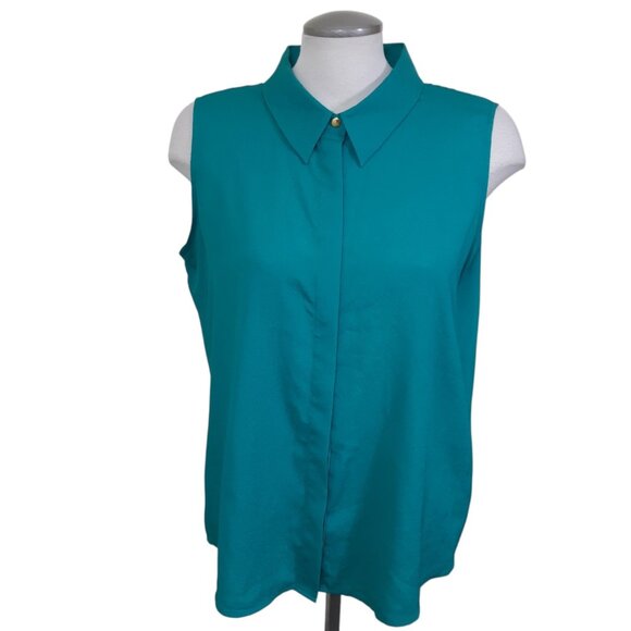 Calvin Klein Womans Button Up Top Teal Small Solid Sleeveless Collared Office - Picture 1 of 6